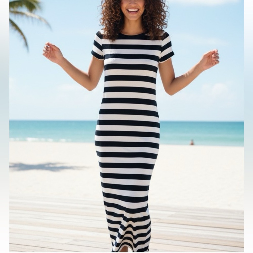 🖤 Michael Kors Striped Maxi Dress XS | Classic Black & White Coastal Chic